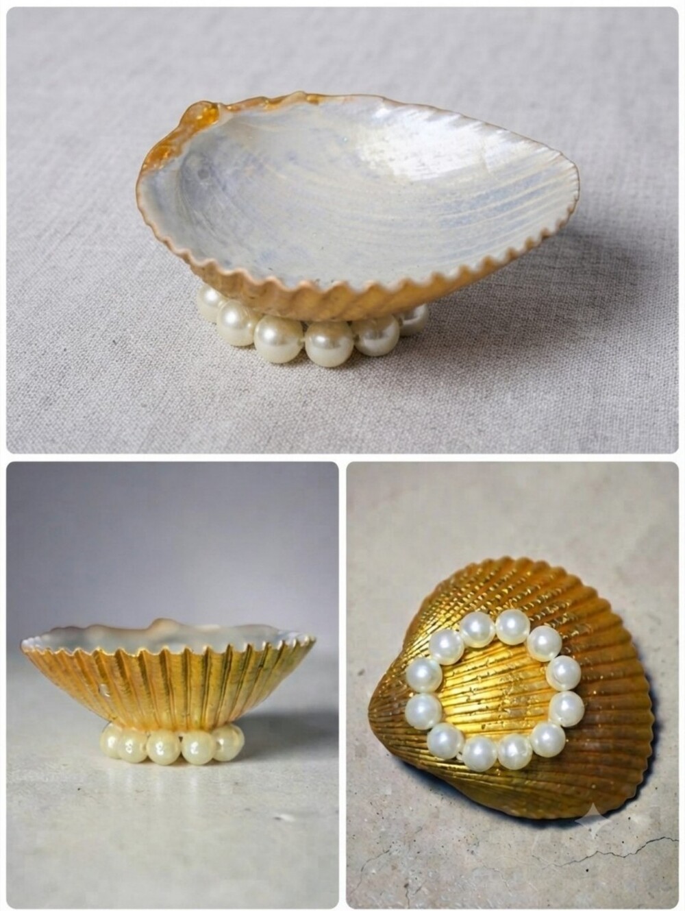 ​Handmade Faux Pearl & Seashell Decorative Trinket Dish Coastal Chic Gold Tone**